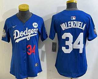 Women%27s Los Angeles Dodgers #34 Fernando Valenzuela Number Blue 2024 World Series With Fernando 34 Patch Limited Stitched Jersey